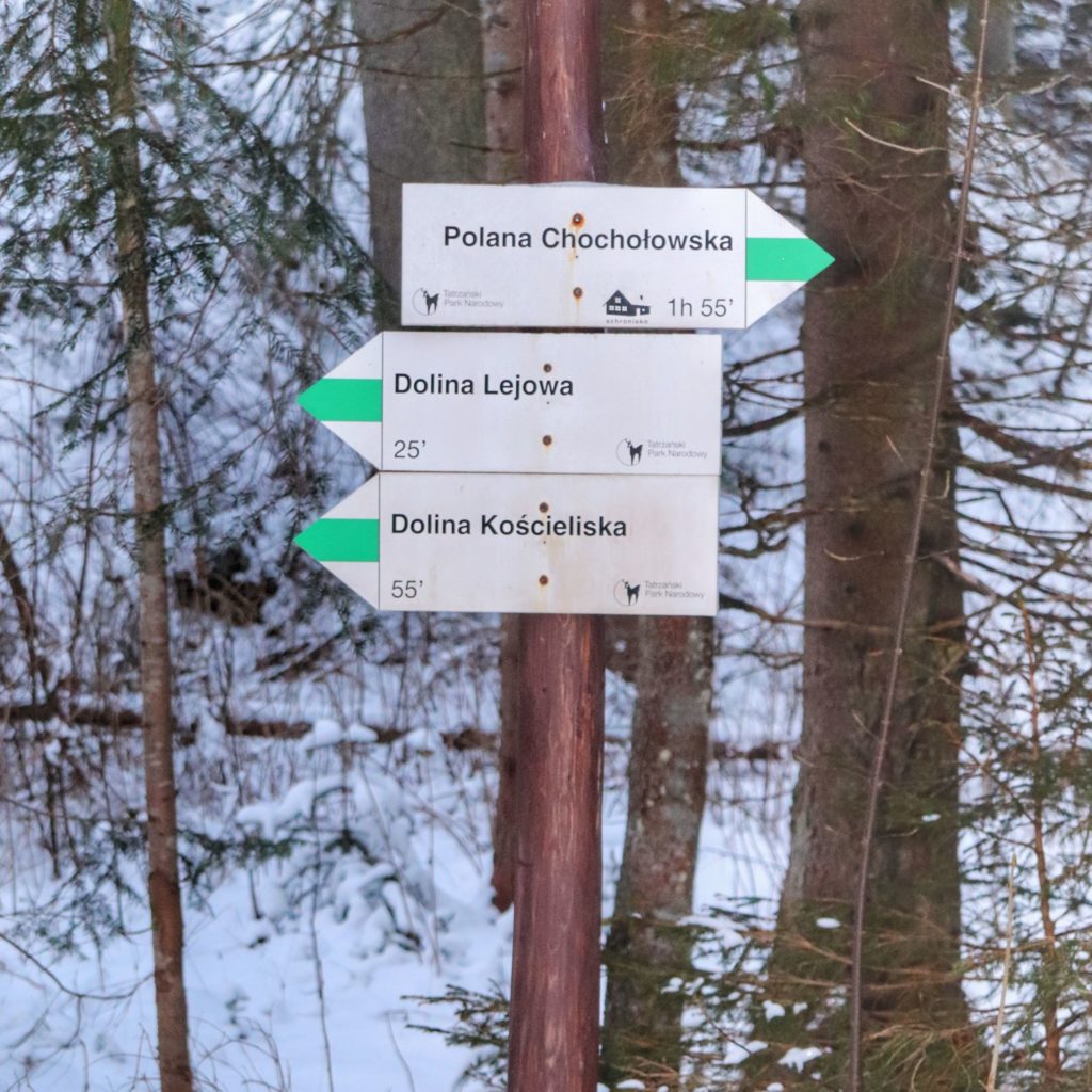 Drewniany słup z drogowskazami, białe tabliczki w kształcie strzałek, Dolina Chochołowska szlak zielony - 1h 55'