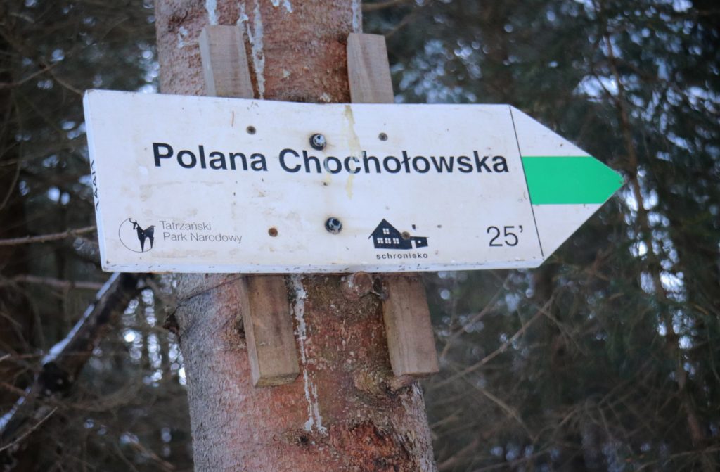 Drogowskaz w kształcie strzałki - szlak zielony, Polana Chochołowska 25 minut drogi