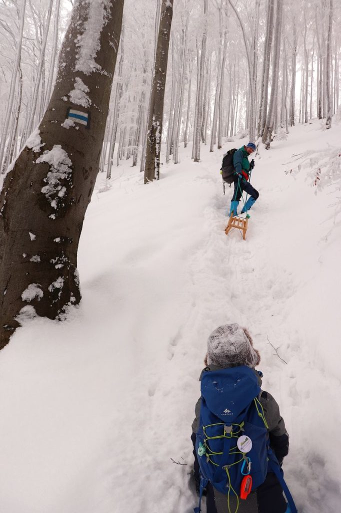 Dziecko, turysta wspinający się pod zaśnieżoną, stromą górę, niebieski szlak idący do skrzyżowania szlaków pod Gaikami, las