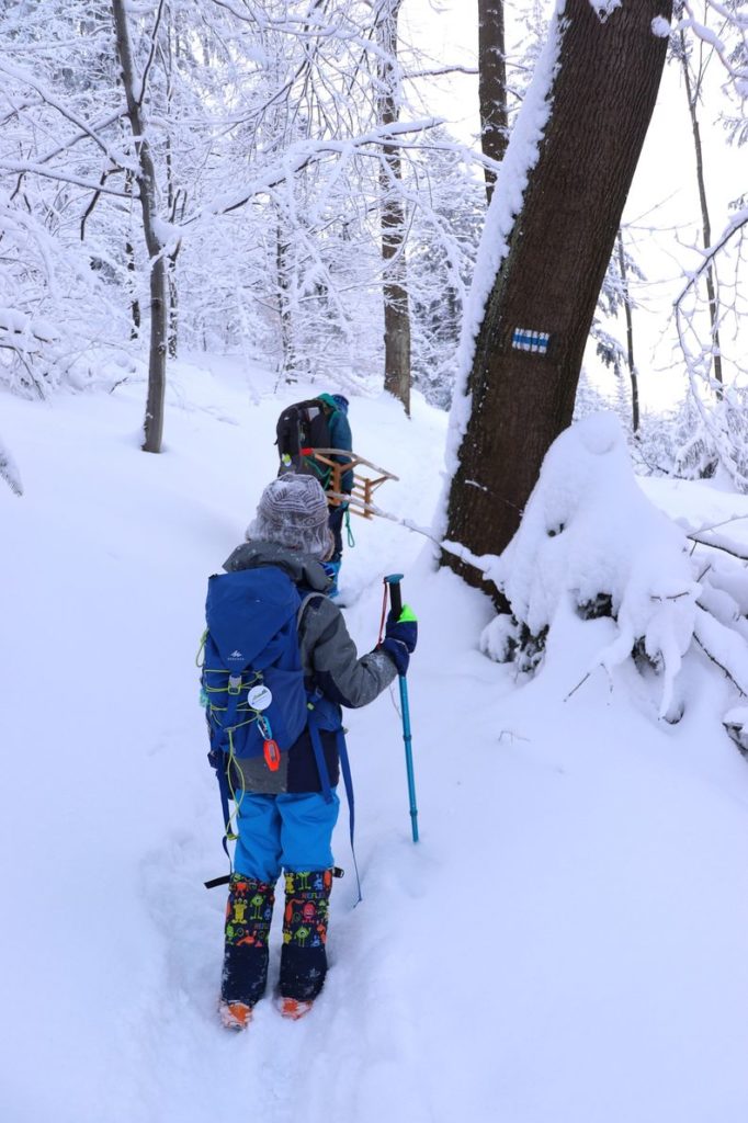 Dziecko z tatą na niebieskim szlaku idącym do skrzyżowania szlaków POD GAIKAMI, na ścieżce zalegają duże ilości śniegu
