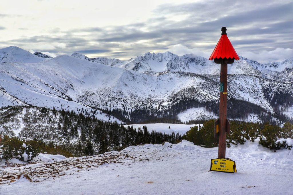 Grześ zimą, widok na zaśnieżone szczyty Tatr Zachodnich, słowacki słup z żółtą tabliczką oznaczającą szczyt