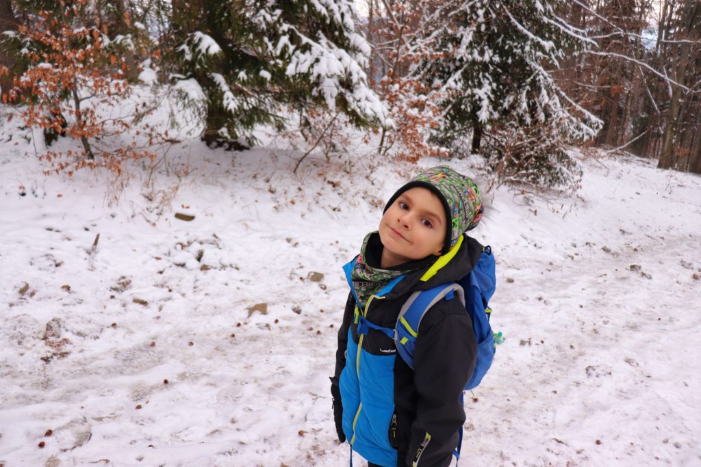 Mały turysta - dziecko, las zimą