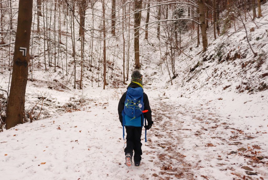 Mały turysta - dziecko, szeroka droga leśna - zima, miejsce skrętu szlaku czarnego w lewo