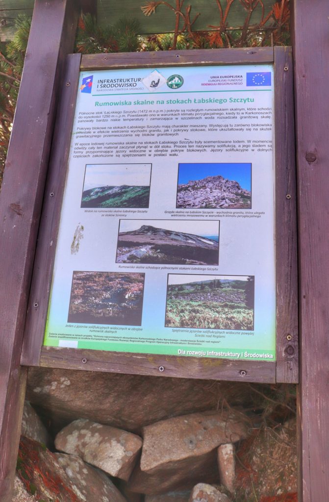 Tablica informacyjna na zielonym szlaku w Karkonoszach - Rumowiska Skalne na stokach Łabskiego Szczytu