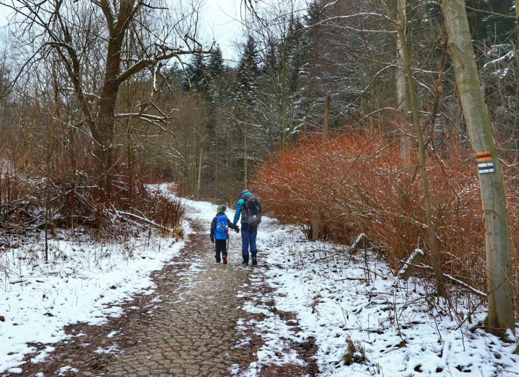 Turysta z dzieckiem idący szeroką, brukowaną drogą - czarny szlak idący od bielskiego Stalownika, śladowe ilości śniegu