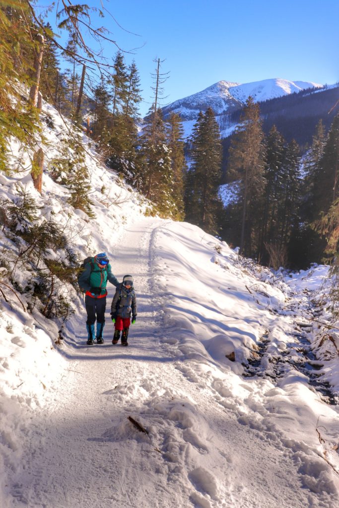 Turysta z dzieckiem na żółtym szlaku idącym od schroniska na Polanie Chochołowskiej zaśnieżoną ścieżką, w tle tatrzańskie szczyty