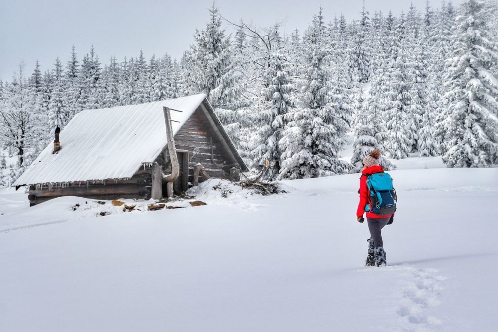 Turystka idąca w śniegu do drewnianej chaty - Bacówki na Hali Baraniej, w tle przepięknie zaśnieżone drzewa