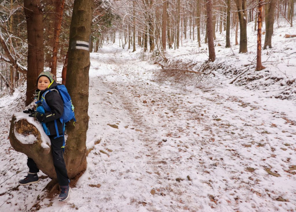 Zadowolone dziecko siedzące na drzewie, czarny szlak idący od bielskiego Stalownika, szeroka, zaśnieżona droga