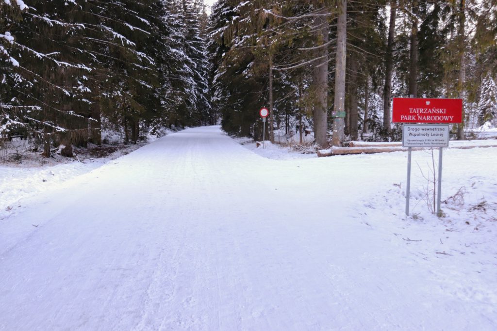 Zielony szlak - Dolina Chochołowska, szeroka, zaśnieżona droga, czerwona tablica z napisem - Tatrzański Park Narodowy, biała tablica informująca o drodze wewnętrznej, dalej zakaz wjazdu