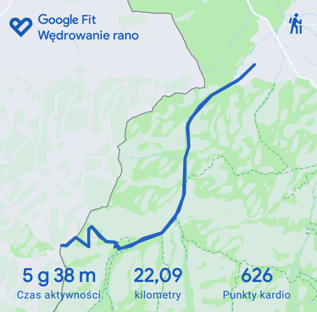 Zrzut ekranu z aplikacji GoogleFit - trasa z parkingu - Dolina Chochołowska na Grzesia
