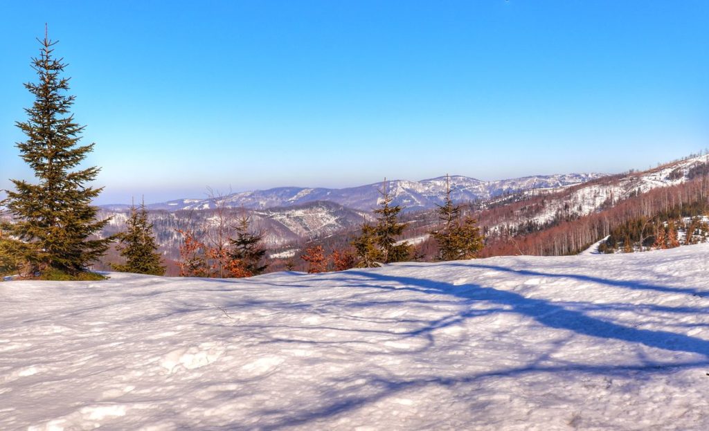 Ładny, zimowy dzień na czerwonym szlaku prowadzącym na Malinowską Skałe w Beskidzie Śląskim, widok na Beskidy