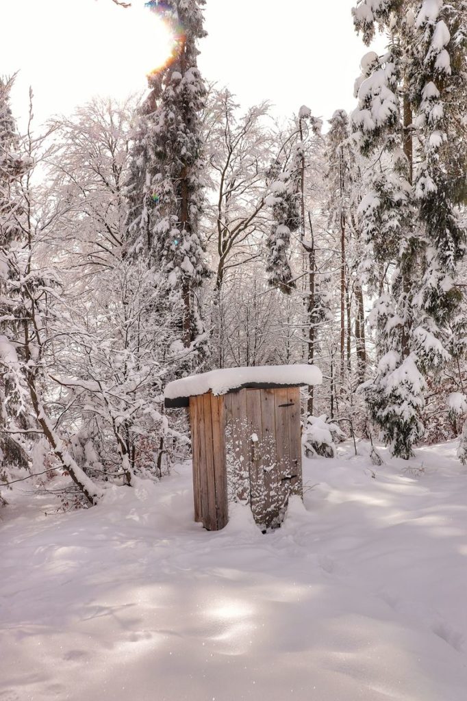 Drewniana toaleta stojąca w środku lasu - okolice chatki Sucha Góra