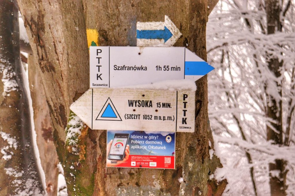 Drogowskaz wiszący na drzewie poniżej szczytu Wysoka, na którą według tabliczki niebieskim szlakiem jest 15 minut