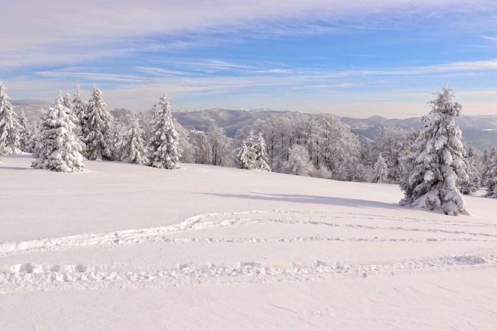Duża, pokryta śniegiem Polana Sucha Góra, w oddali widok na Tatry