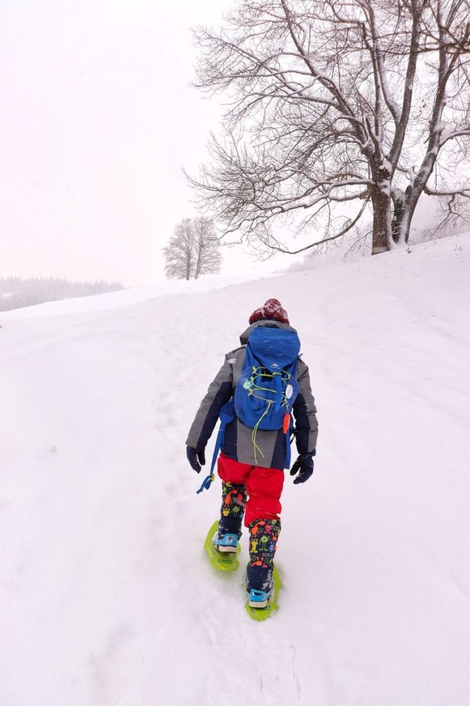 Dziecko idące w rakietach śnieżnych w górę Polany pod Wysoką w Małych Pieninach, zima