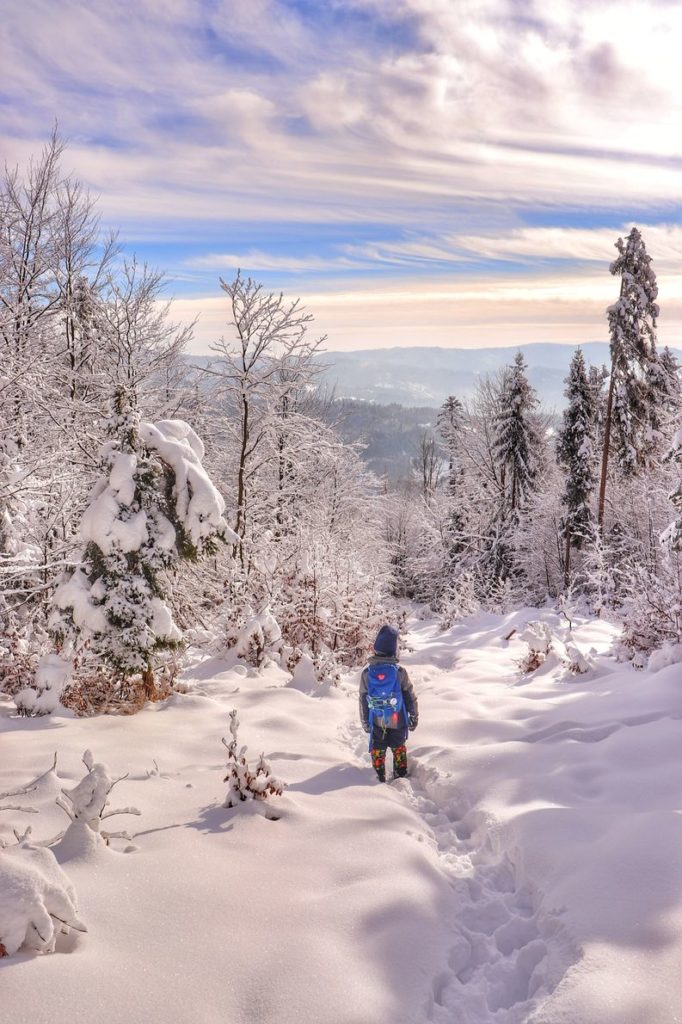Dziecko podziwiające zimę w Beskidach - okolice Rajczy, pokryte śniegiem drzewa, piękne, kolorowe niebo