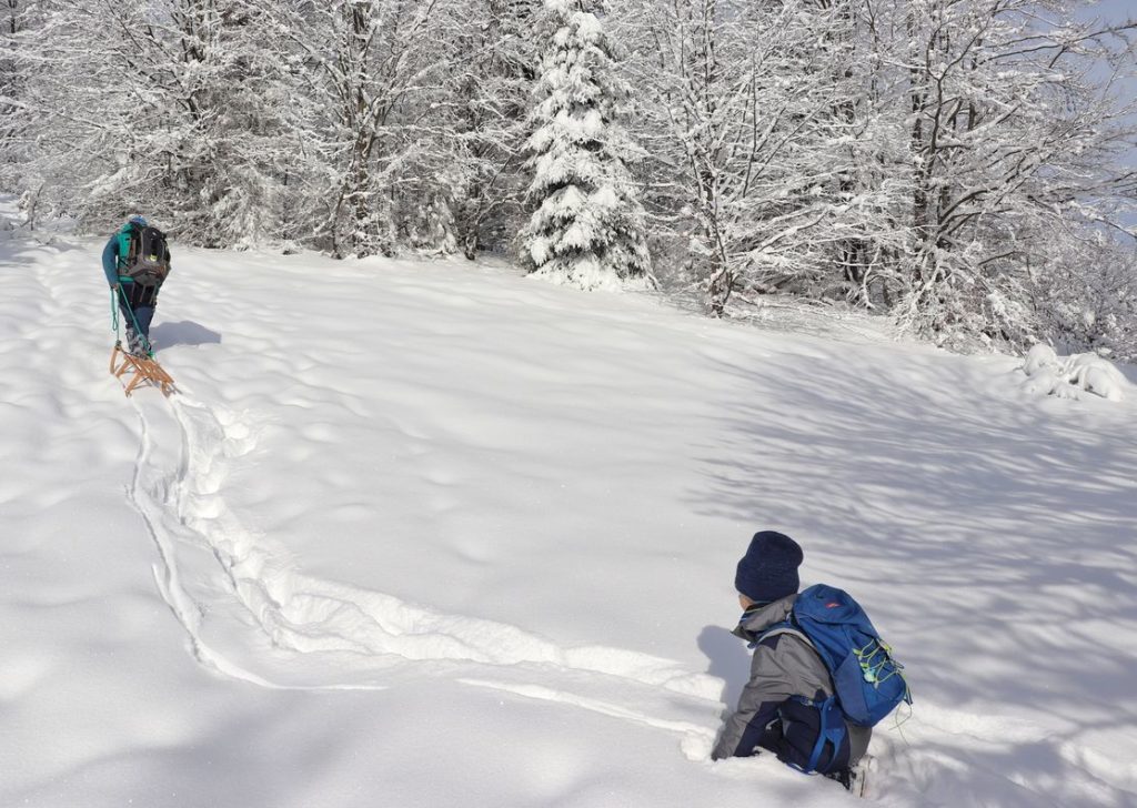 Mężczyzna ciągnący drewniane sanki, dziecko siedzące w śniegu, zaśnieżone drzewa