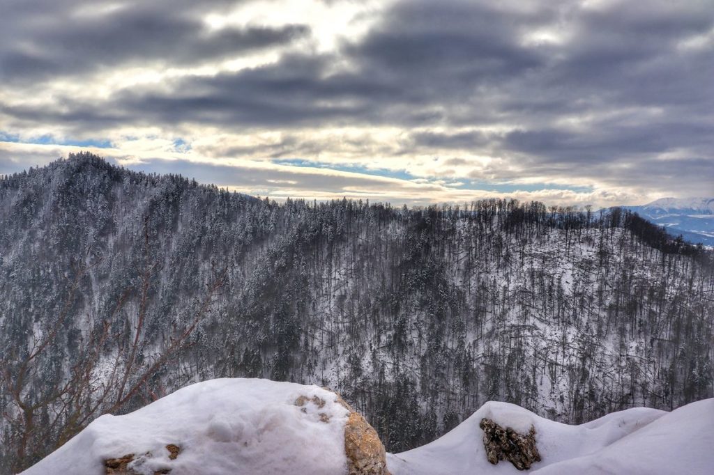 Punkt widokowy na Sokolicy, zima, po prawej stronie widoczne tatrzańskie szczyty
