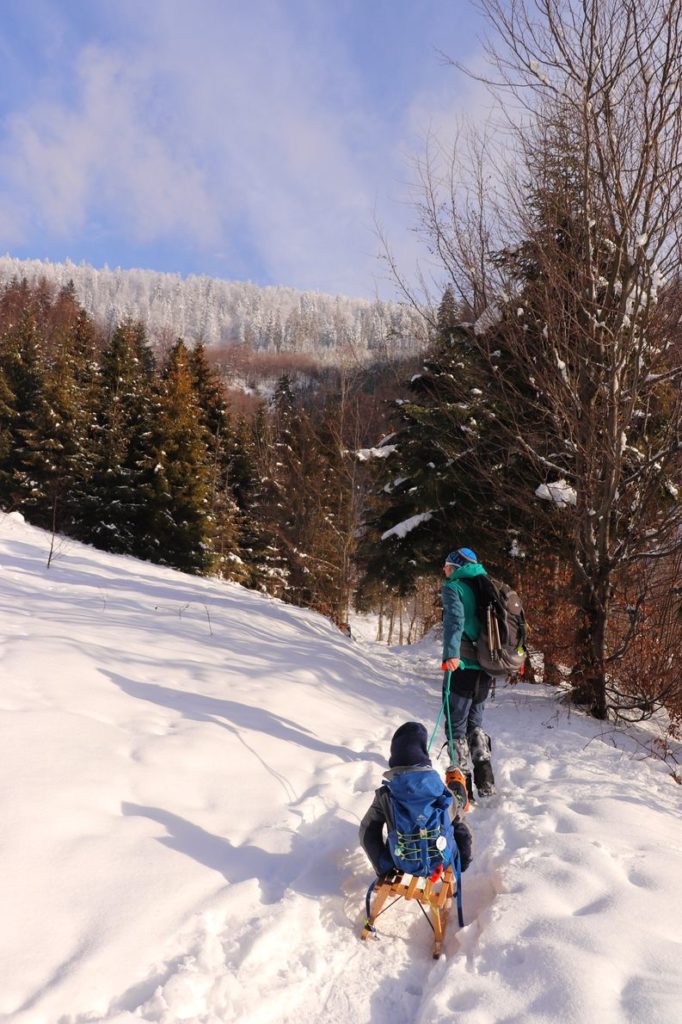 Turysta ciągnący dziecko na sankach, wąska ścieżka - niebieski szlak Rajcza, w oddali białe, zaśnieżone drzewa