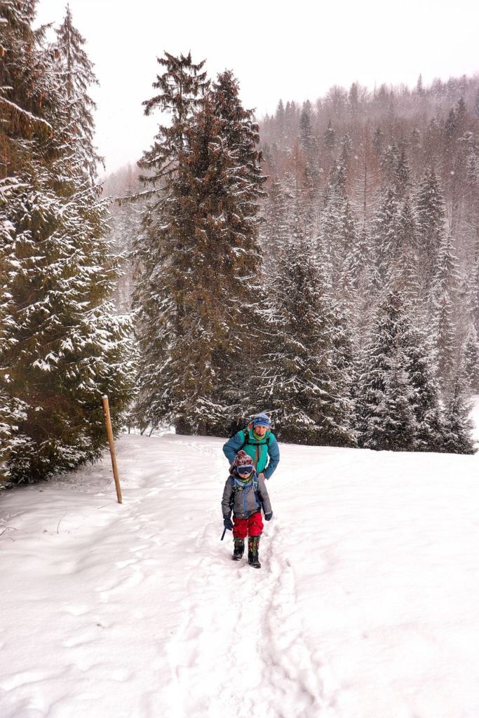 Turysta z dzieckiem na zielonym szlaku - Polana pod Wysoką, sypiący śnieg