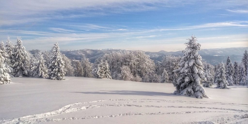 Widok na zaśnieżone Tatry z obszernej polany na Suchej Górze w Beskidzie Żywieckim
