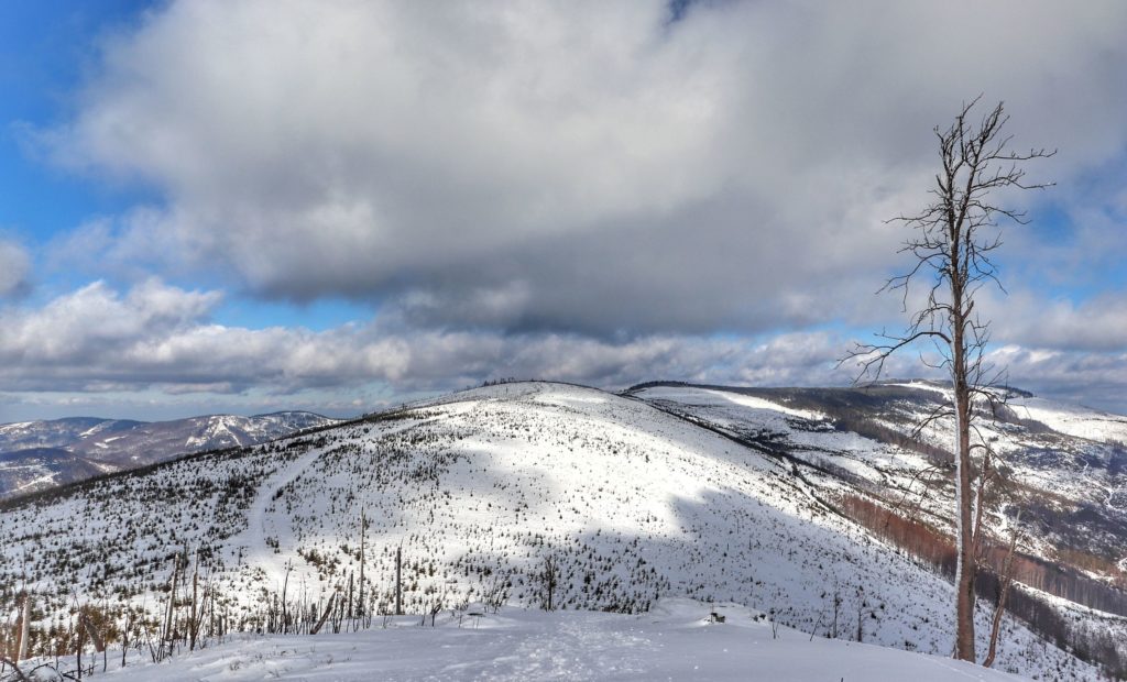 Widok w stronę szczytu Skrzyczne z Malinowskiej Skały, zimowy dzień