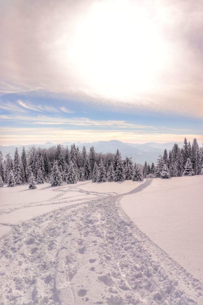 Wydeptana w śniegu droga idąca przez Polanę Sucha Góra, na niebie pełne słońce, kolorowe niebo