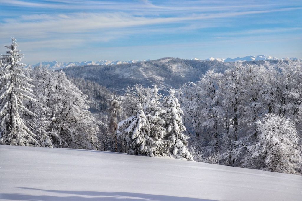 Zima na Polanie Sucha Góra, widok na tatrzańskie szczyty z hali