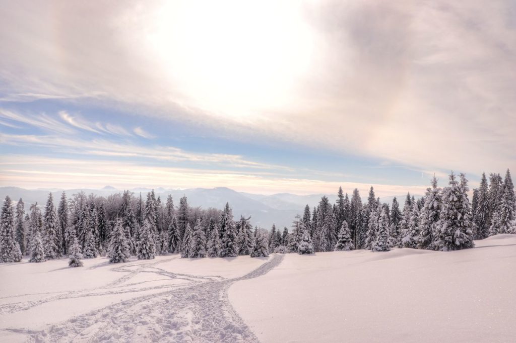 Zimowa Polana Sucha Góra w Beskidzie Żywieckim oświetlona przez popołudniowe słońce, zakolorowane niebo