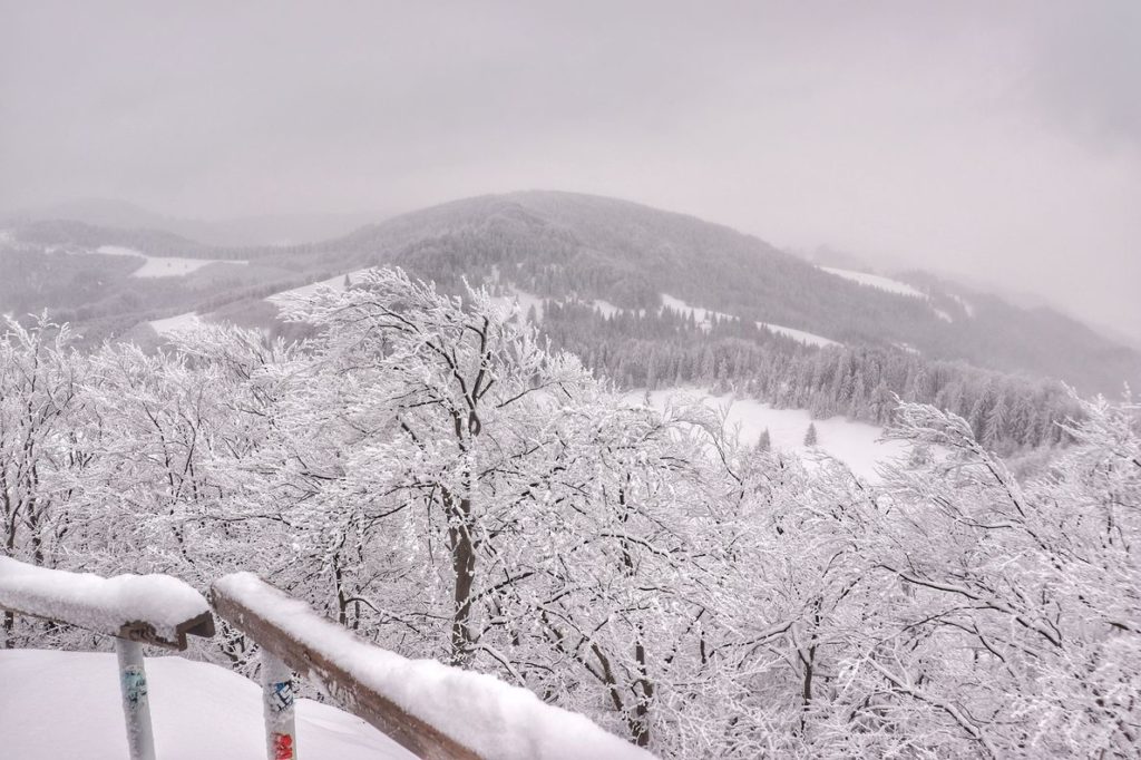Zimowy krajobraz widziany ze szczytu Wysoka w Pieninach Małych