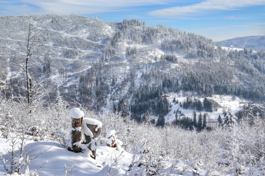 Zimowy widok na Beskid Żywiecki z okolic Polany Sucha Góra, błękitne niebo