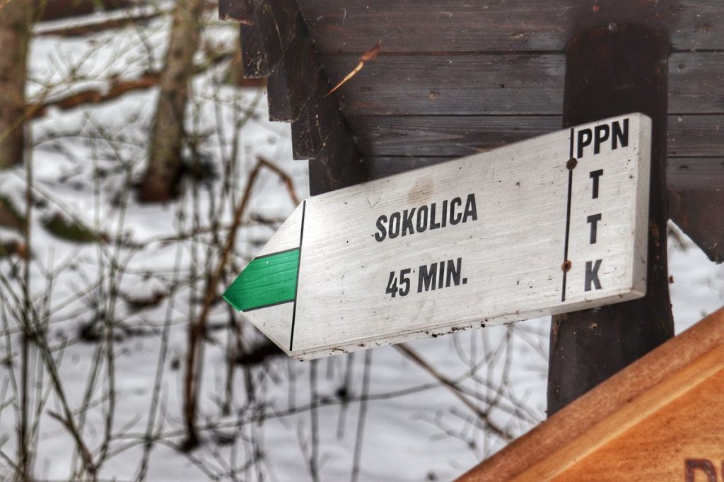 biała tabliczka w kształcie strzałki z napisem Sokolica 45 minut, miejsce skrętu szlaku zielonego w prawo