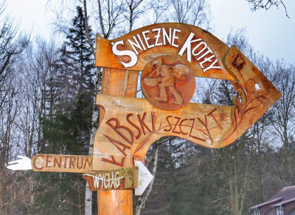 Drewniany znak stojący na żółtym szlaku w Szklarskiej Porębie wskazujący kierunek drogi na Śnieżne Kotły oraz Łabski Szczyt