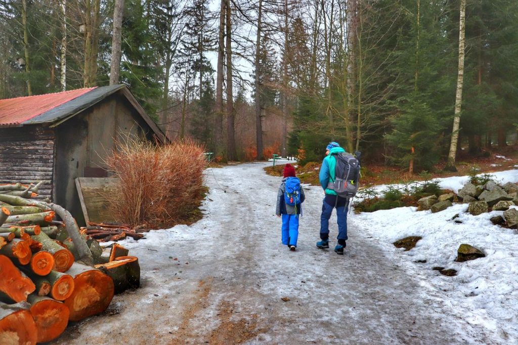 Dziecko dyskutujące z tatą na żółtym szlaku w Szklarskiej Porębie, szeroka, leśna, pokryta zmarzniętym śniegiem