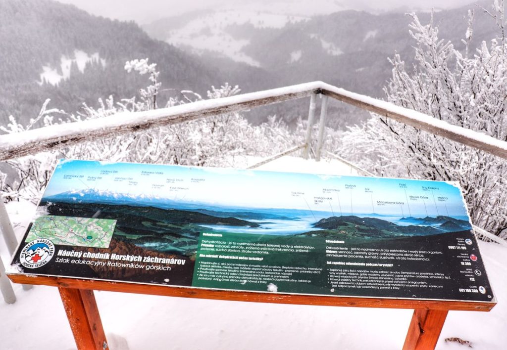 Tablica znajdująca się na szczycie Wysoka w Pieninach Małych opisująca panoramę rozciągającą się z Wysokiej, zimowy krajobraz