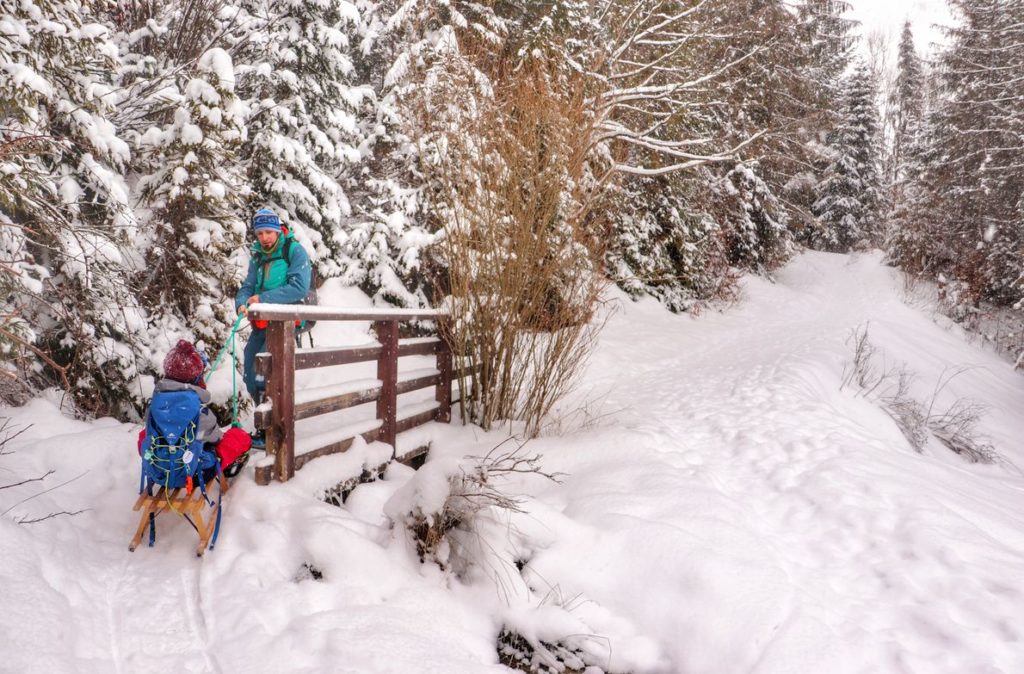 Turysta ciągnący na drewnianych sankach dziecko przez drewniany mostek, zima na zielonym szlaku w Rezerwacie Przyrody Wysoka