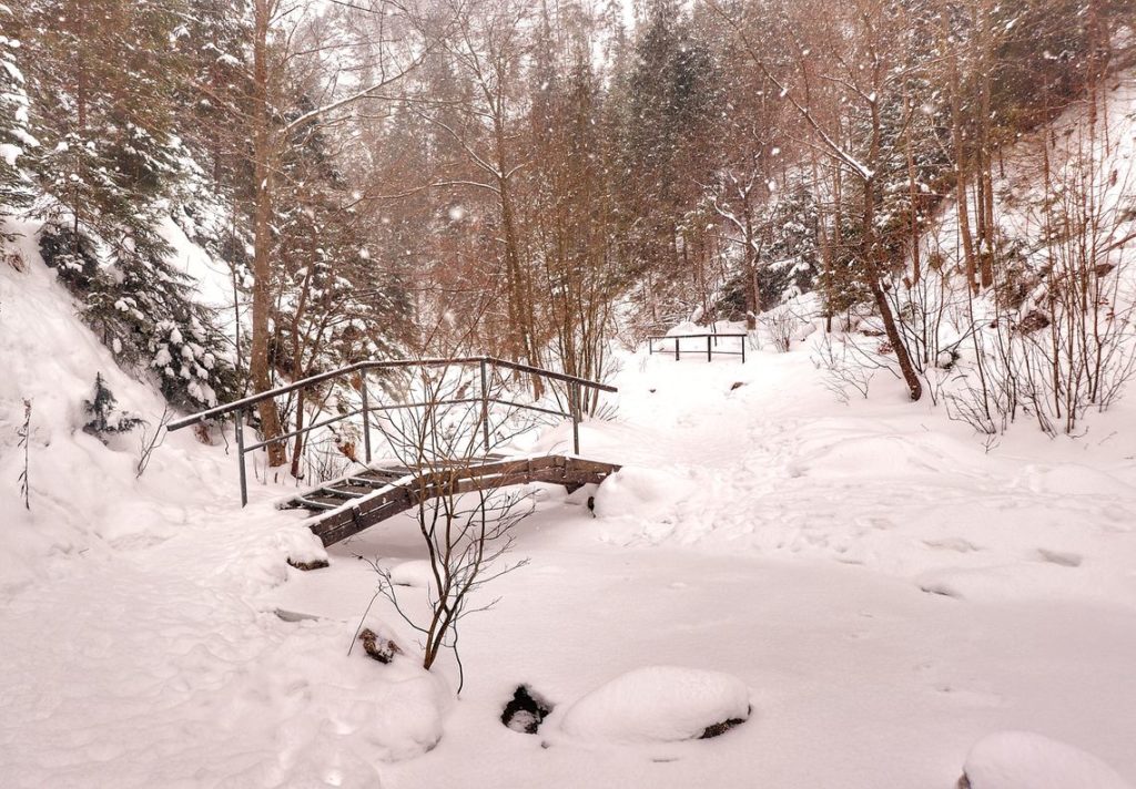 Wąwóz Homole w Pieninach zimą, metalowy mostek, duże ilości zalegającego na trasie prowadzącej przez wąwóz śniegu
