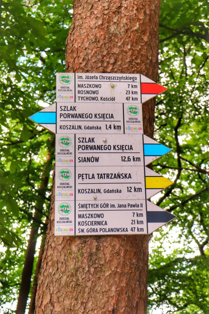 Drogowskazy wiszące na drzewie, szlak żółty Pętla Tatrzańska 12 km