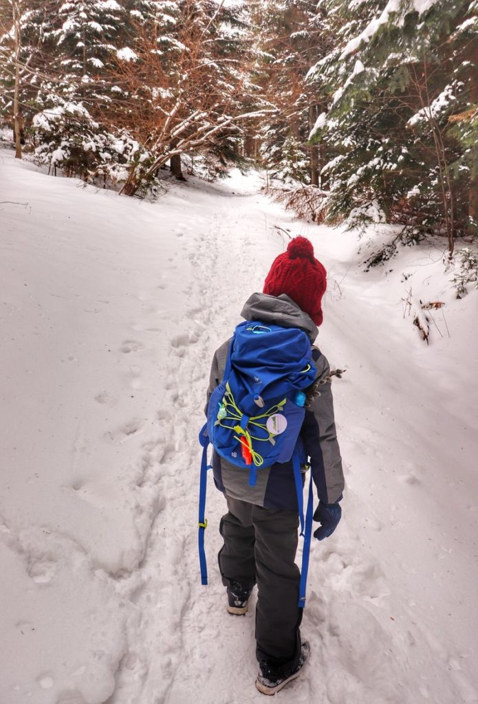 Dziecko idąc wydeptaną w śniegu ścieżką, leśna dróżka