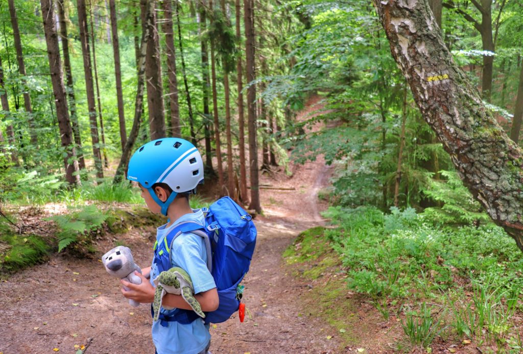 Dziecko w niebieskim kasku rowerowym trzymające w rękach pluszowe zabawki, szlak żółty Koszalin, las
