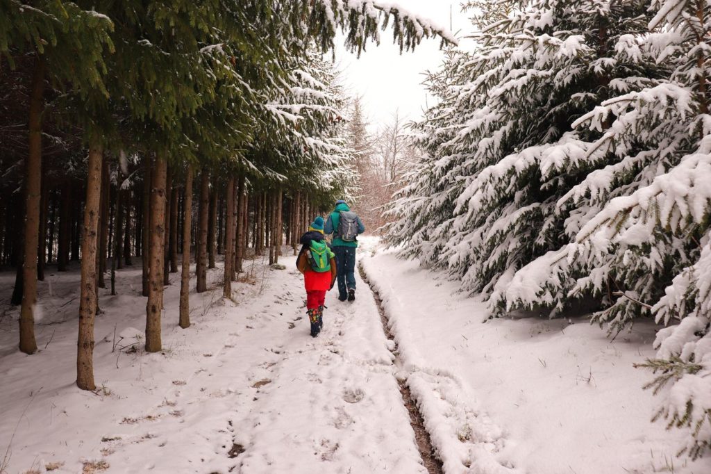Dziecko z tatą, szeroka leśna droga na żółtym szlaku na Luboń Wielki, zima