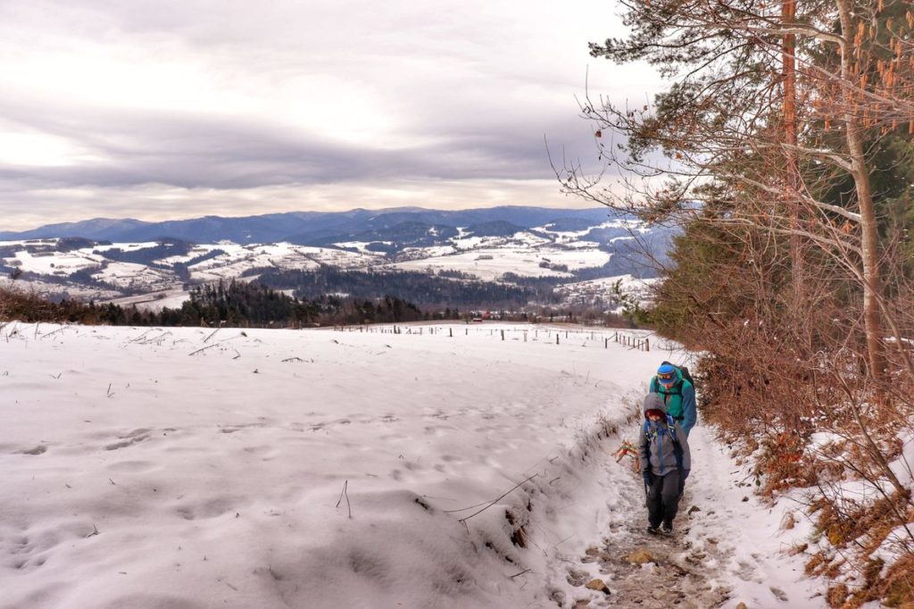 Turyści - dziecko z tatą idący szlakiem żółtym z Rabki Zaryte wzdłuż pola, zima, w tle krajobraz górski