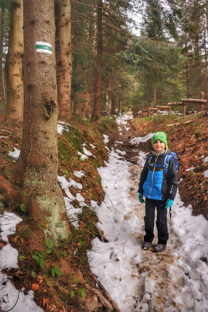 Zadowolone dziecko na zielonym szlaku idącym z Koszarawy, ścieżka leśna, miejscami występuje jeszcze śnieg, wiosenny poranek