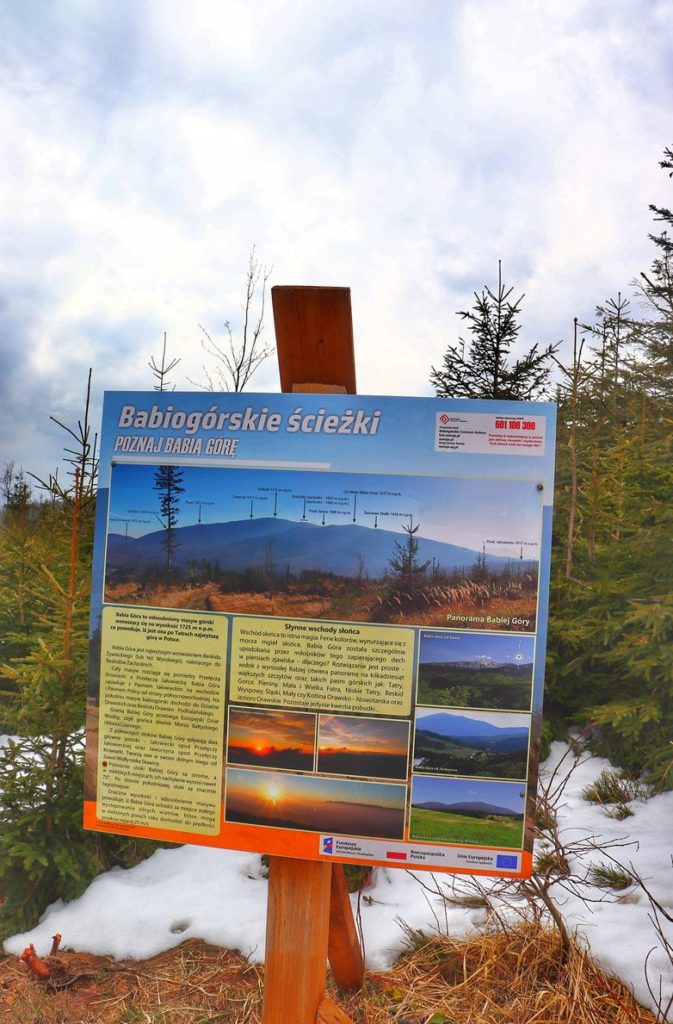 Tablica informacyjna - Babiogórskie ścieżki Poznaj Babią Górę ustawiona przy drewnianej wiacie - punkt widokowy na czarnym szlaku z Zawoi