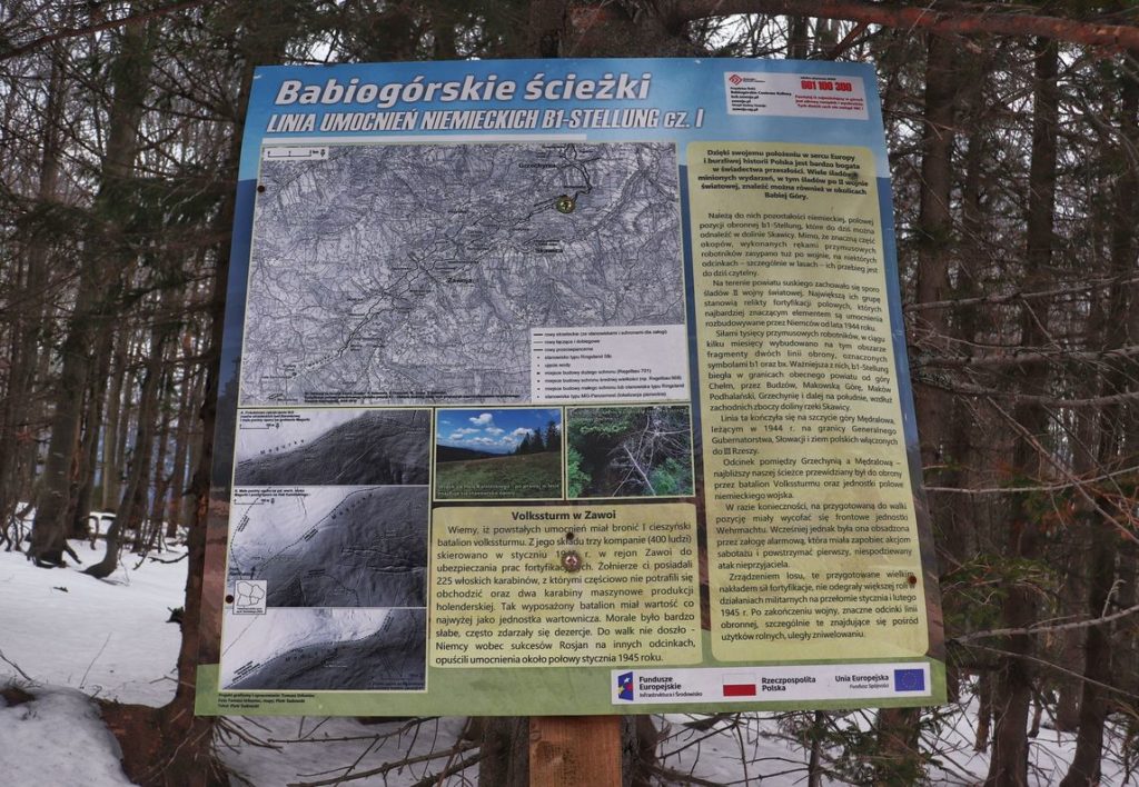 Tablica informacyjna - Babiogórskie ścieżki linia umocnień niemieckich na czarnym szlaku w okolicach Hali Kamińskiego