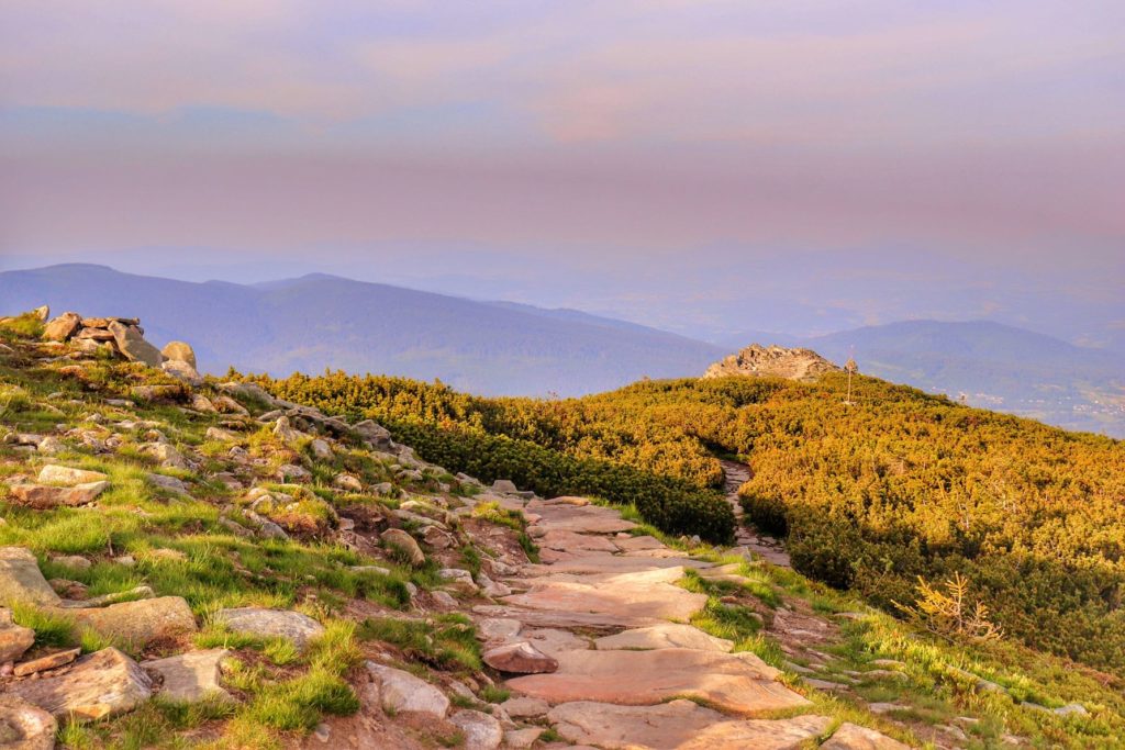 widok w stronę Gówniaka na czerwonym szlaku schodząc z Babiej Góry, wieczór - tuż przed zachodem słońca