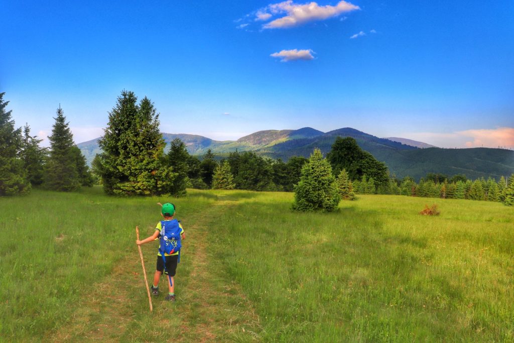 Mały turysta - dziecko wędrujące przez Polanę Sucha Góra (Beskid Żywiecki), zielona, letnia trawa, niebieskie niebo, widok na góry