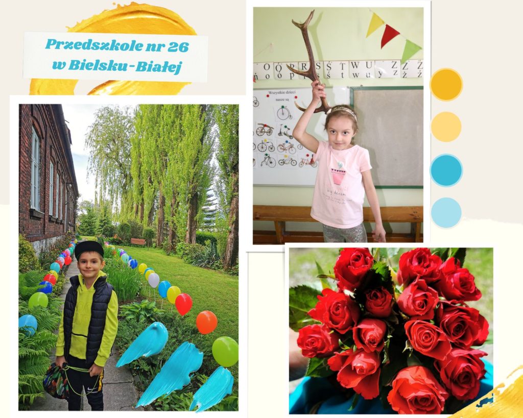 Szczęśliwe dzieci, przedszkole, czerwone róże