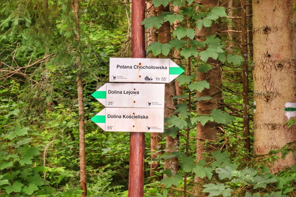 Drewniany słup z drogowskazami w Dolinie Chochołowskiej, Polana Chochołowska szlak zielony - 1godzina 55 minut
