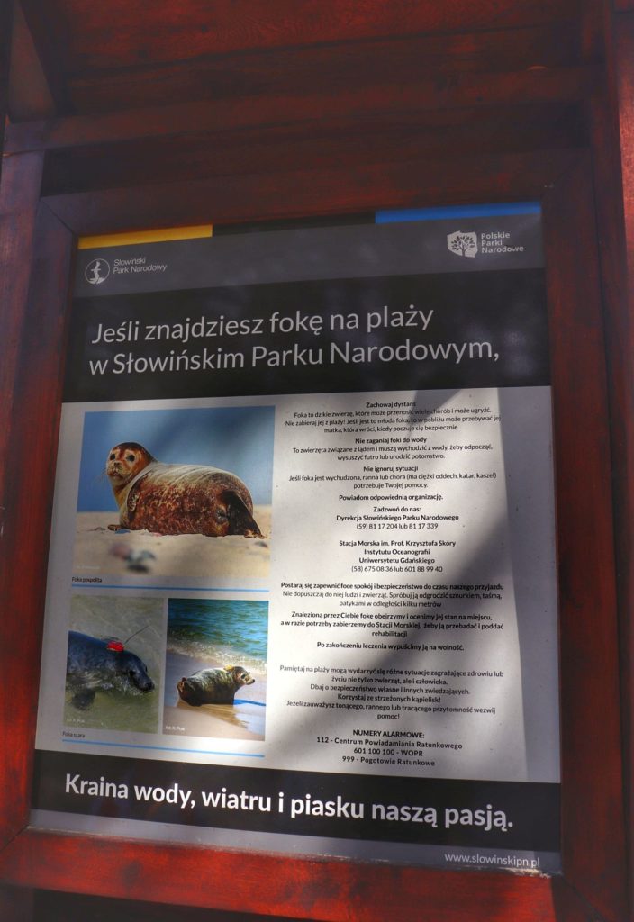 Tablica informacyjna na terenie Słowińskiego Parku Narodowego - jak zachować się w przypadku znalezienia foki na terenie Słowińskiego Parku Narodowego